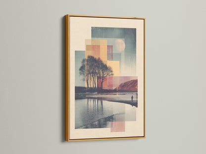Gold Frame. The artwork features a serene landscape. It has a body of water and trees. This gold frame adds a touch of luxury. It is perfect for displaying your favorite artwork.