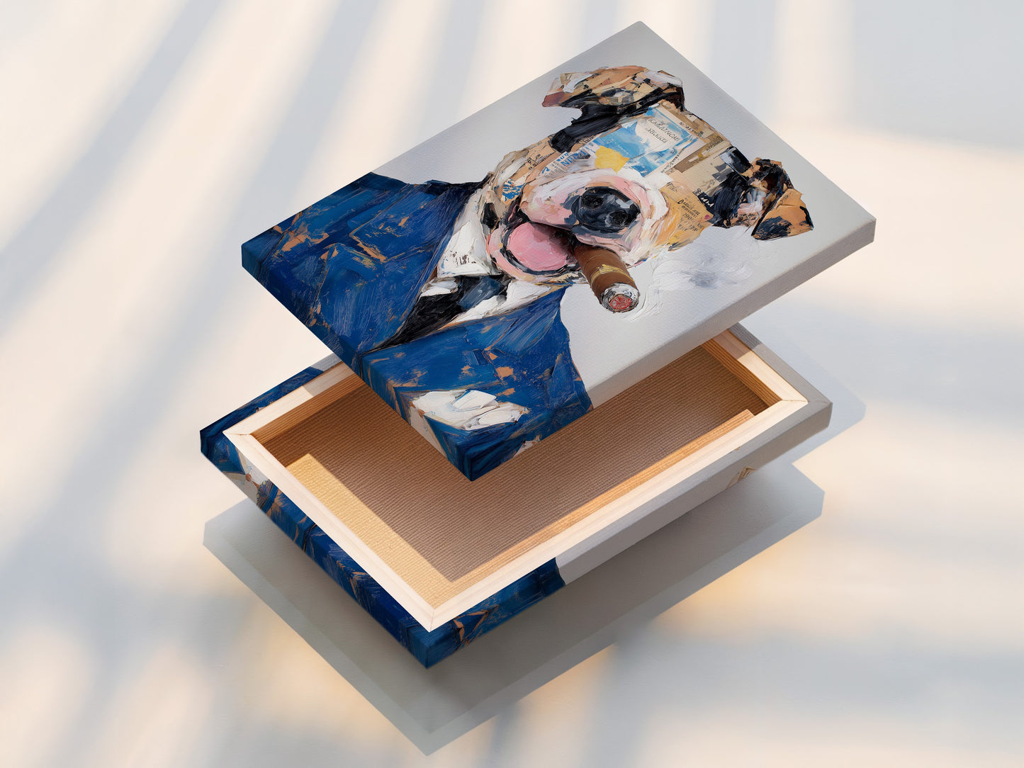 A stretched canvas print of dog portrait art. The mixed media collage is vibrant and ready to hang. This animal wall art is a statement piece. The quirky dog art adds personality to any room. A perfect example of contemporary art.