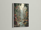 Tropical Waterfall canvas print displayed in a white frame. The artwork captures a lush jungle paradise with butterflies and a waterfall. The light frame enhances the vibrant colors of the scene.  Ideal for adding a fresh botanical touch to your living space. A calming nature scene.