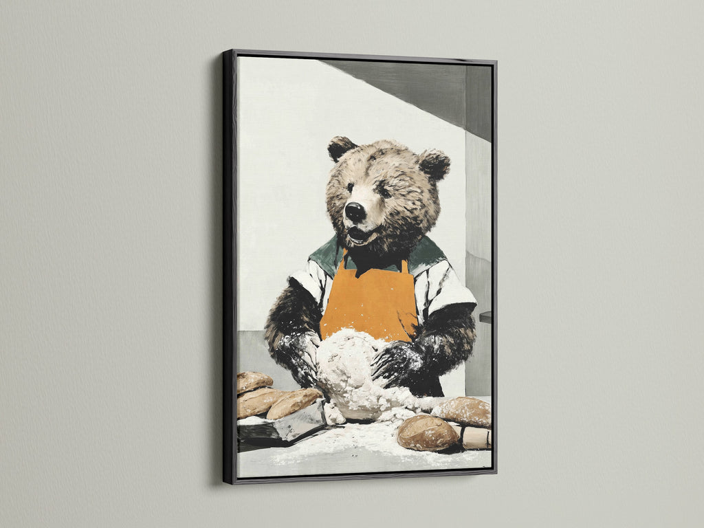 The bear baker artwork is presented in a sleek black frame. The black frame adds a touch of sophistication to the whimsical artwork. Enhance your kitchen wall art. It creates a focal point in your dining room. Buy rustic wall art now.