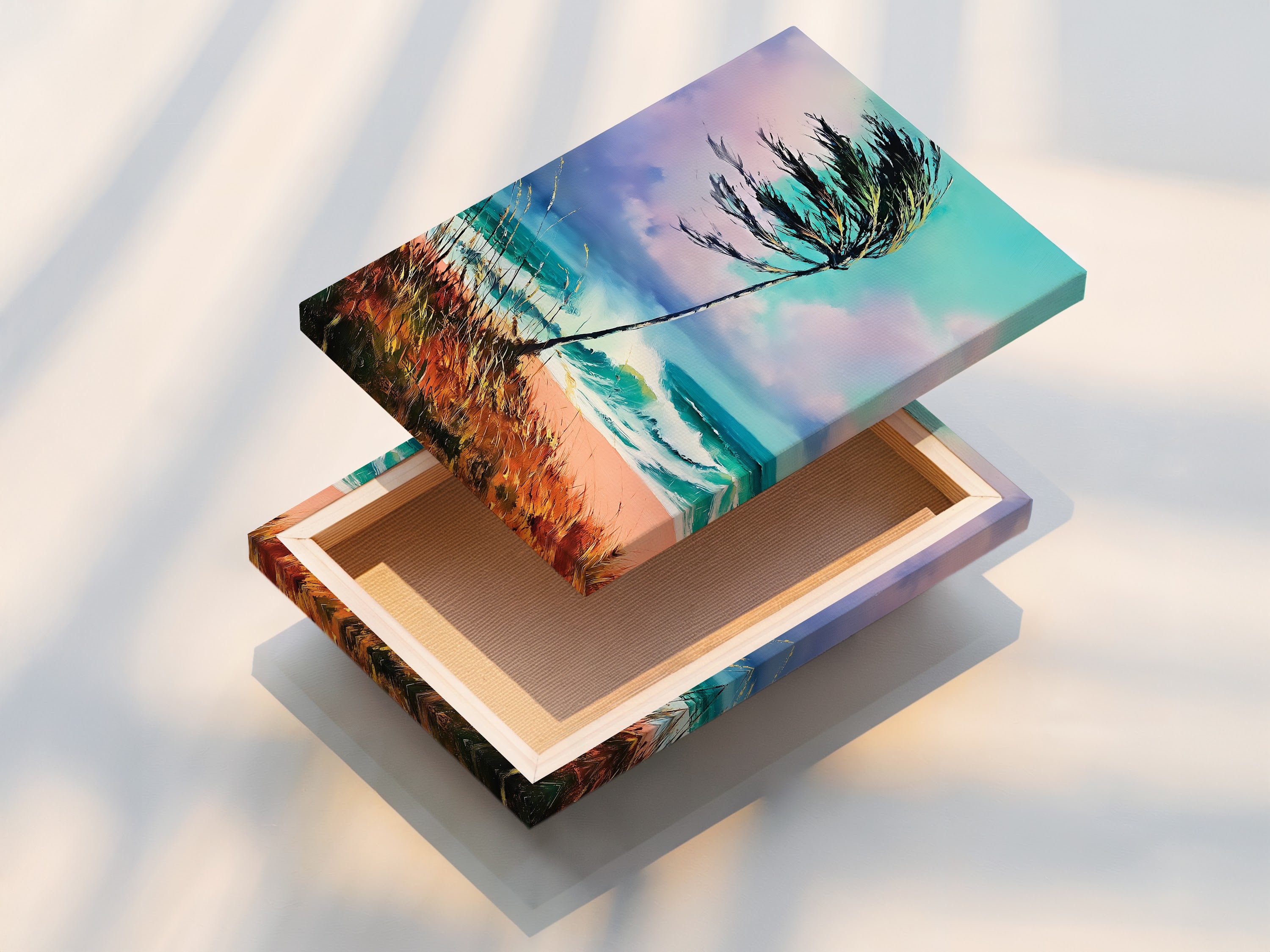 A stretched canvas print of coastal beach artwork. The artwork shows a palm tree and a turquoise seascape. The stretched canvas is ready to hang and enjoy. It's perfect for adding a beachy vibe to your living space.