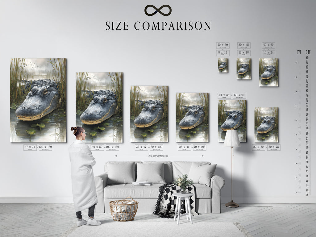 Size comparison chart in an interior setting. See how different sizes of artwork fit in your space. This chart helps you visualize the perfect dimensions. Find the ideal size for your room.