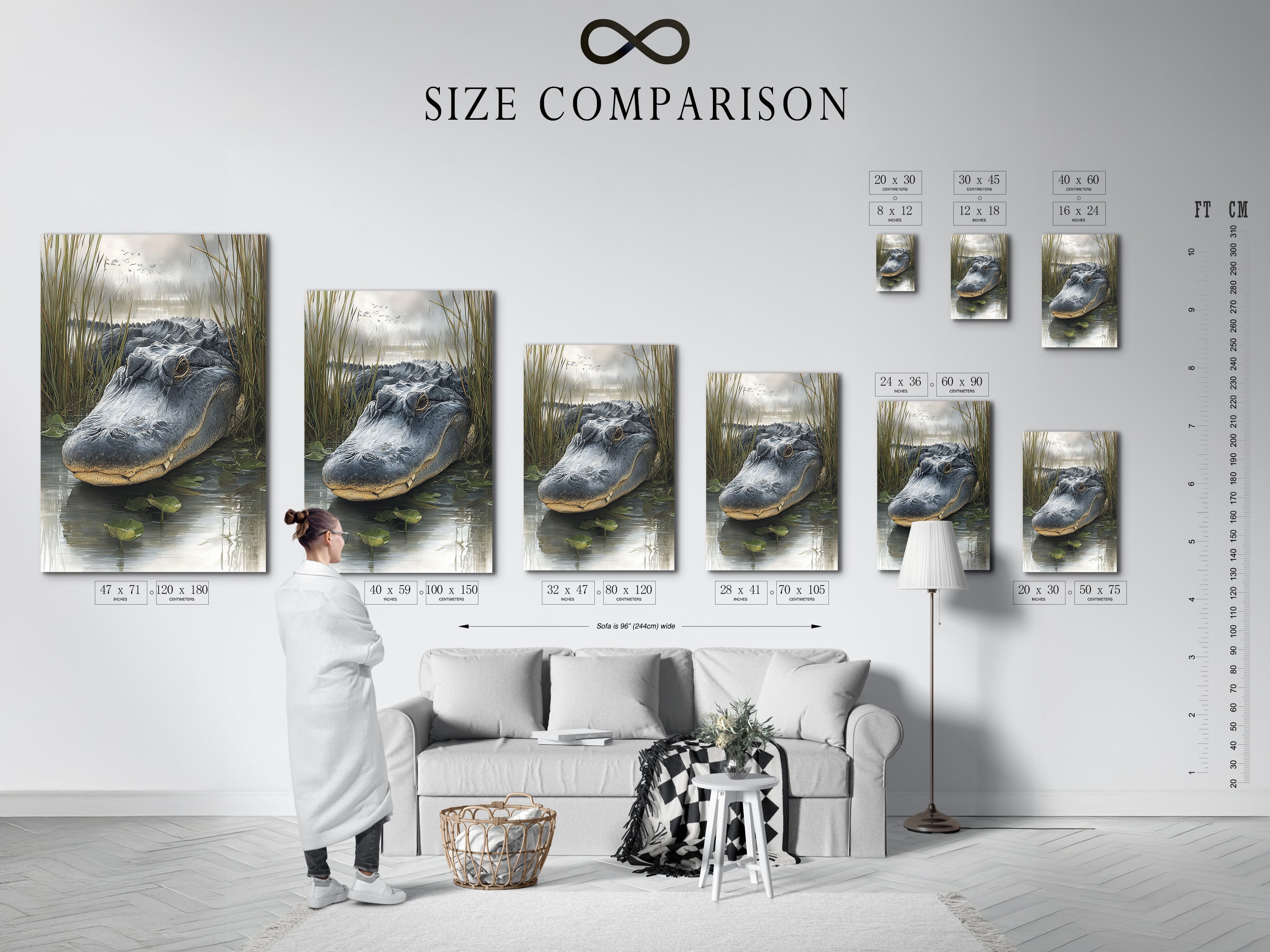 Size comparison chart in an interior setting. See how different sizes of artwork fit in your space. This chart helps you visualize the perfect dimensions. Find the ideal size for your room.