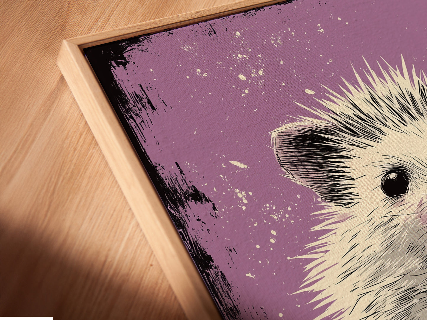 A close-up of a canvas print is displayed. It features a floating frame. The angled view highlights the details. The floating frame adds depth. This canvas print enhances any space. It's a modern and stylish artwork option.
