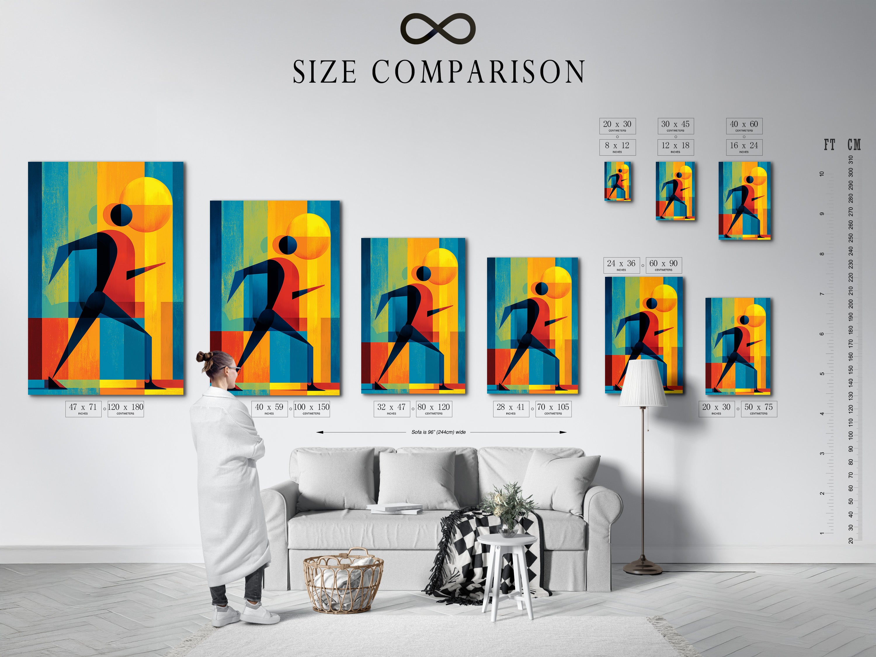 Size comparison chart in an interior setting. See how the Olympic Runner artwork fits in various spaces. Choose the perfect size for your home gym decor. Find the ideal sports canvas for your space.