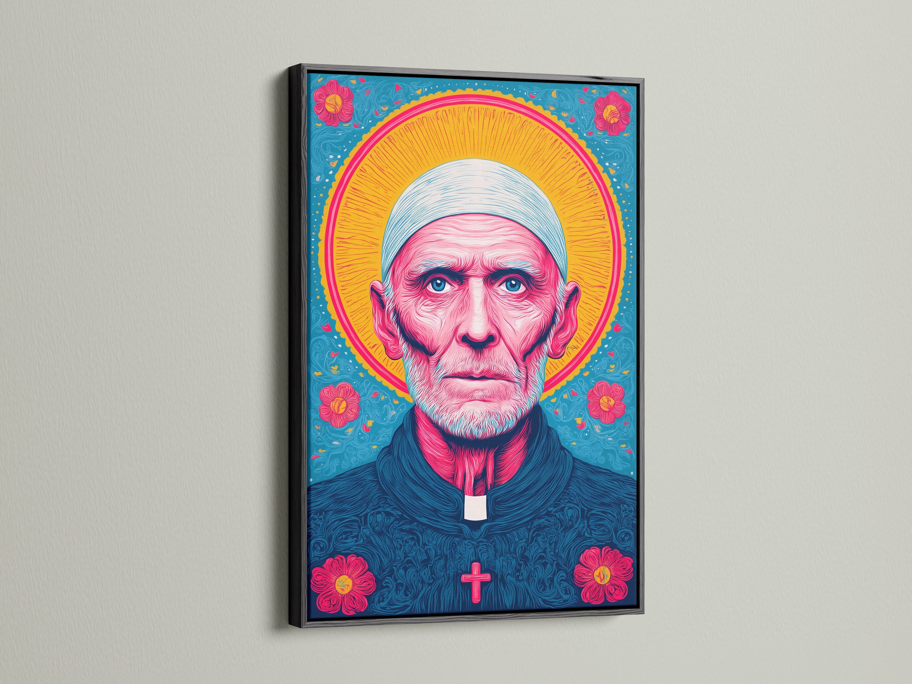 The black frame adds a bold and sophisticated touch to the priest portrait. This frame creates a striking contrast with the colorful artwork. Ideal for modern icon art or religious canvas displays. Its sleek design is perfect for church decor. Make a statement with this elegant frame choice.