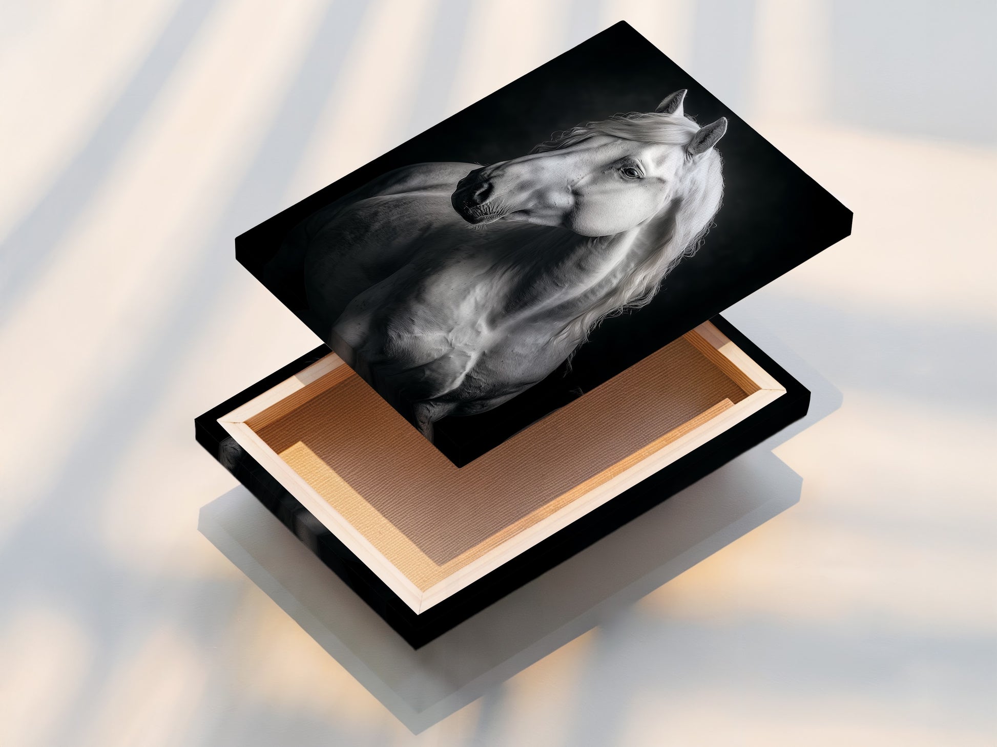 A stretched canvas print of the White Horse is displayed. This stunning equestrian artwork is ready to hang. The black and white animal wall art adds elegance. Perfect for living rooms bedrooms or offices. Transform your space with this beautiful piece.