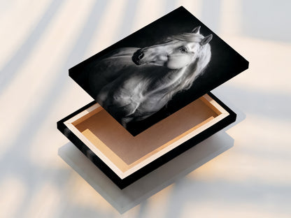 A stretched canvas print of the White Horse is displayed. This stunning equestrian artwork is ready to hang. The black and white animal wall art adds elegance. Perfect for living rooms bedrooms or offices. Transform your space with this beautiful piece.