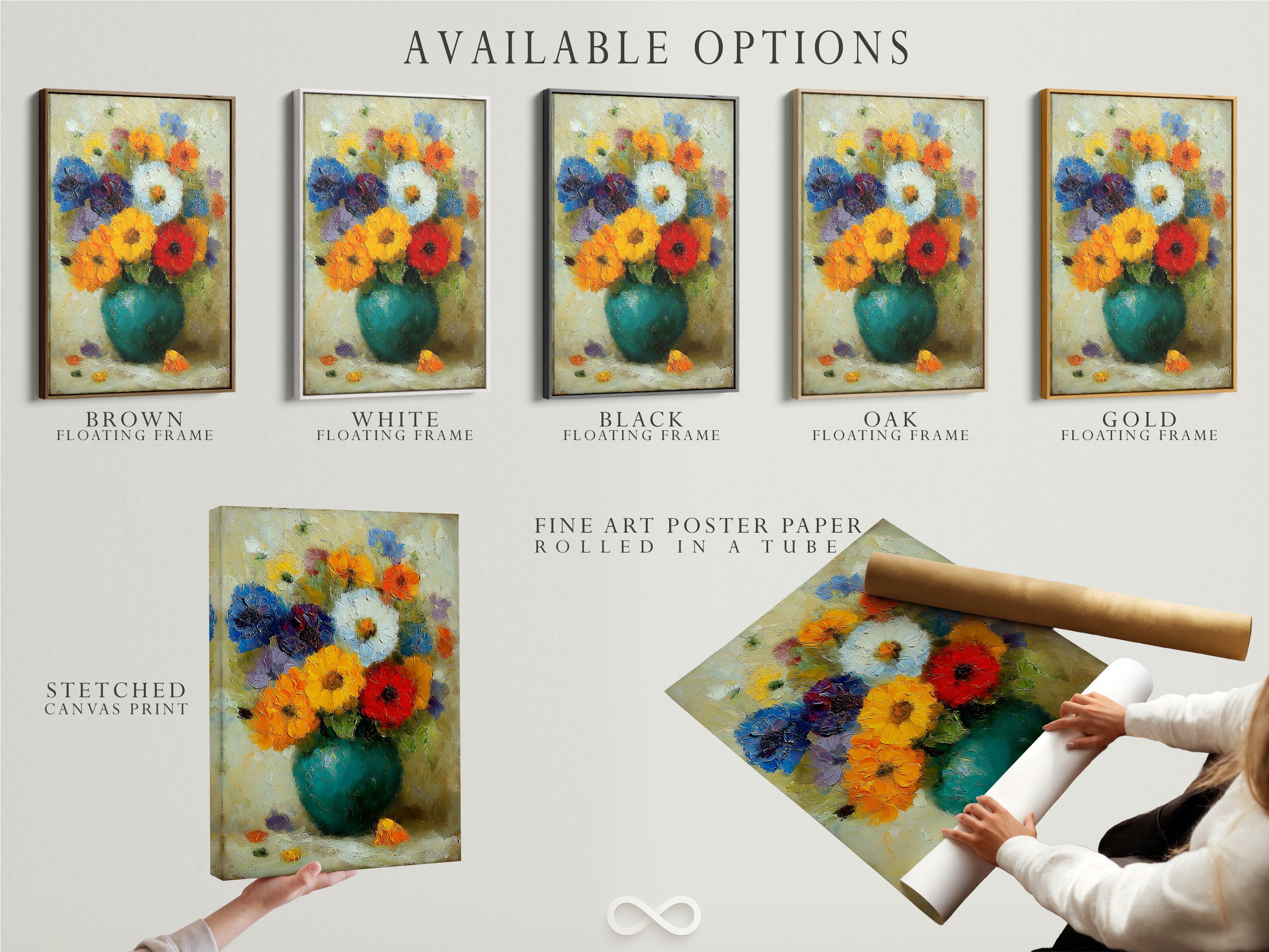 Available Options: Stretched Canvas Print Fine Art Poster Paper and Floating Frame. Choose the perfect format for your vibrant flower artwork. Elevate your home decor with stunning floral prints.