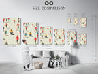 A size comparison chart displayed in an interior setting. The chart shows various sizes of the Marathon Runners artwork. See the difference between each size. Visualize how each piece will look in your space. Find the perfect fit for your wall art needs.