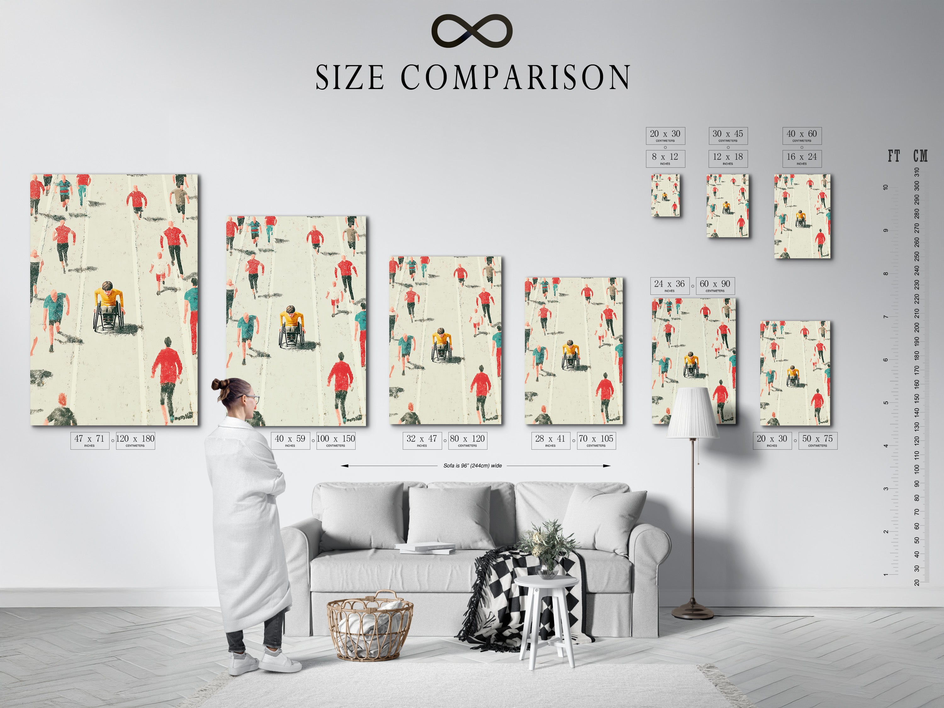 A size comparison chart displayed in an interior setting. The chart shows various sizes of the Marathon Runners artwork. See the difference between each size. Visualize how each piece will look in your space. Find the perfect fit for your wall art needs.