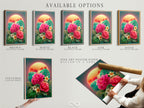 Available options for tropical flower artwork are showcased. Options include stretched canvas prints fine art poster paper and floating frames. The artwork features pink hibiscus and plumeria. Choose the perfect format. Customize your art to fit your space today.