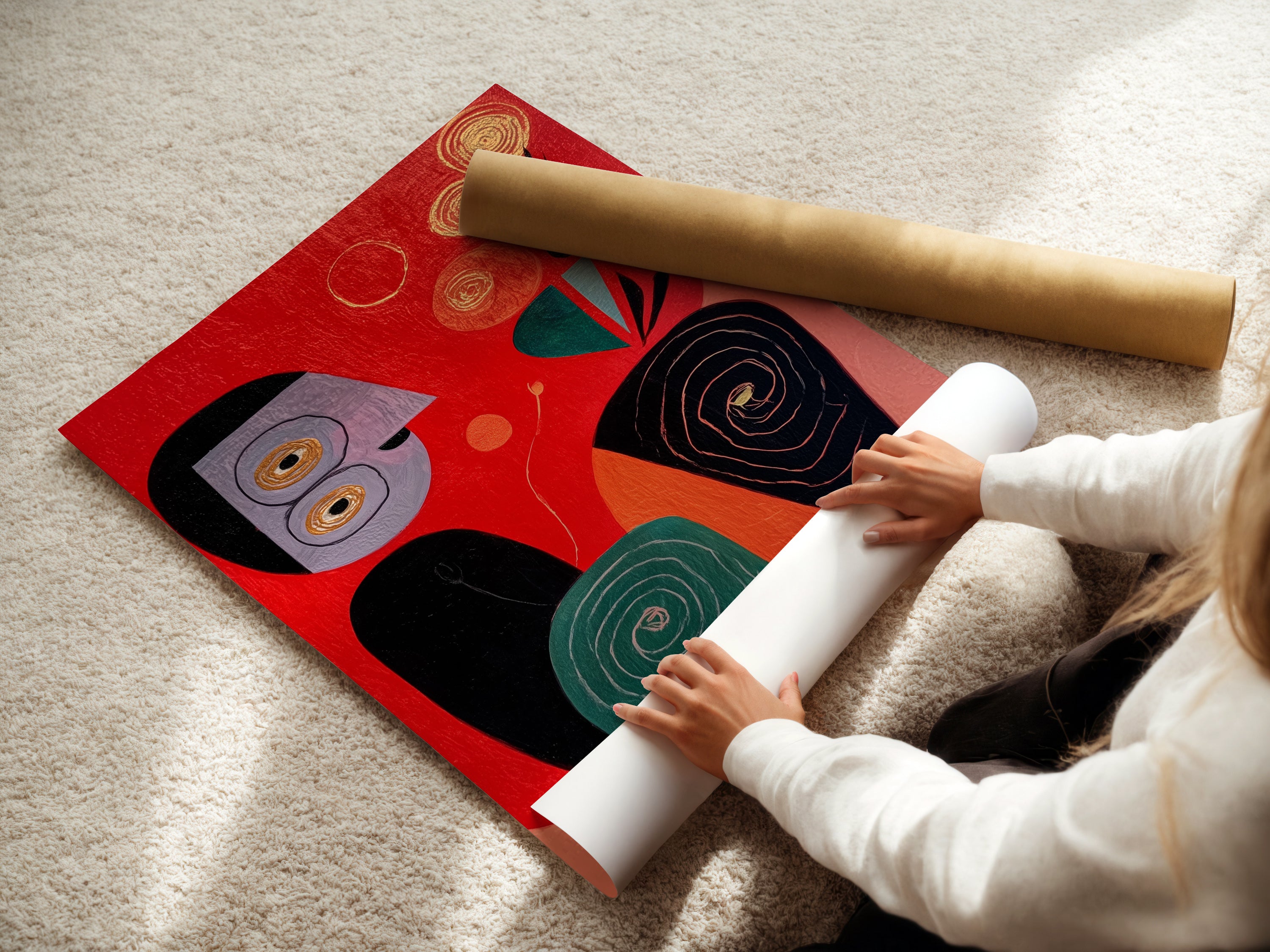 A woman carefully rolls a fine art poster paper. The high-quality paper ensures vibrant colors and sharp details for your abstract folk art print. Choose the perfect paper for your mid-century modern artwork today. Our art prints are sure to impress.