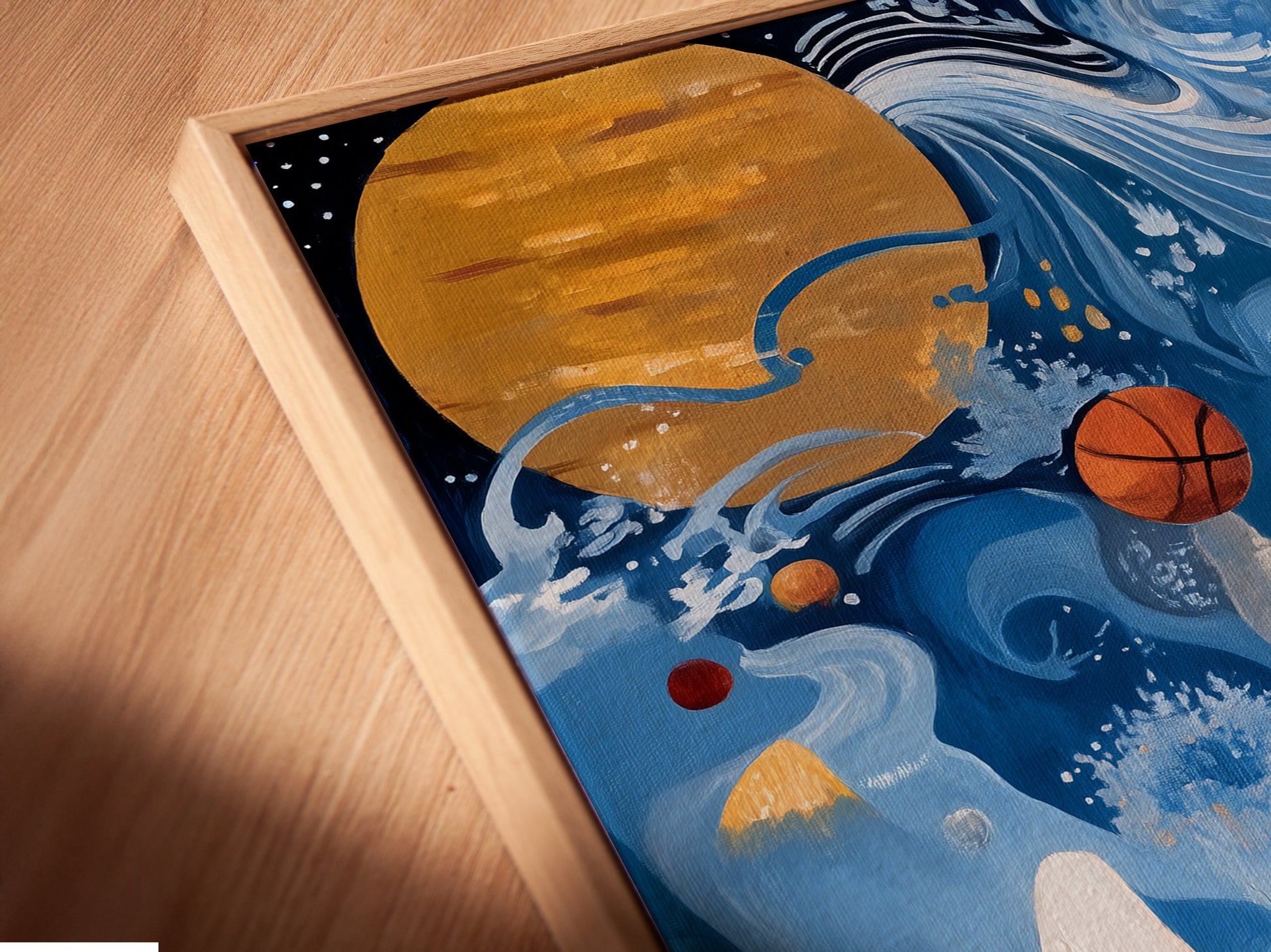 A close up angled view of a canvas print. The print is set in a floating frame. The art shows an astronaut playing basketball. This modern artwork is ideal for adding a unique touch. It is perfect for kids rooms or teen rooms.