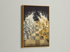 Infuse a touch of luxury with this chess game canvas print. The gold frame adds a radiant accent to the neutral tones. This modern print is perfect for lounges studies and game rooms. It complements any contemporary space.