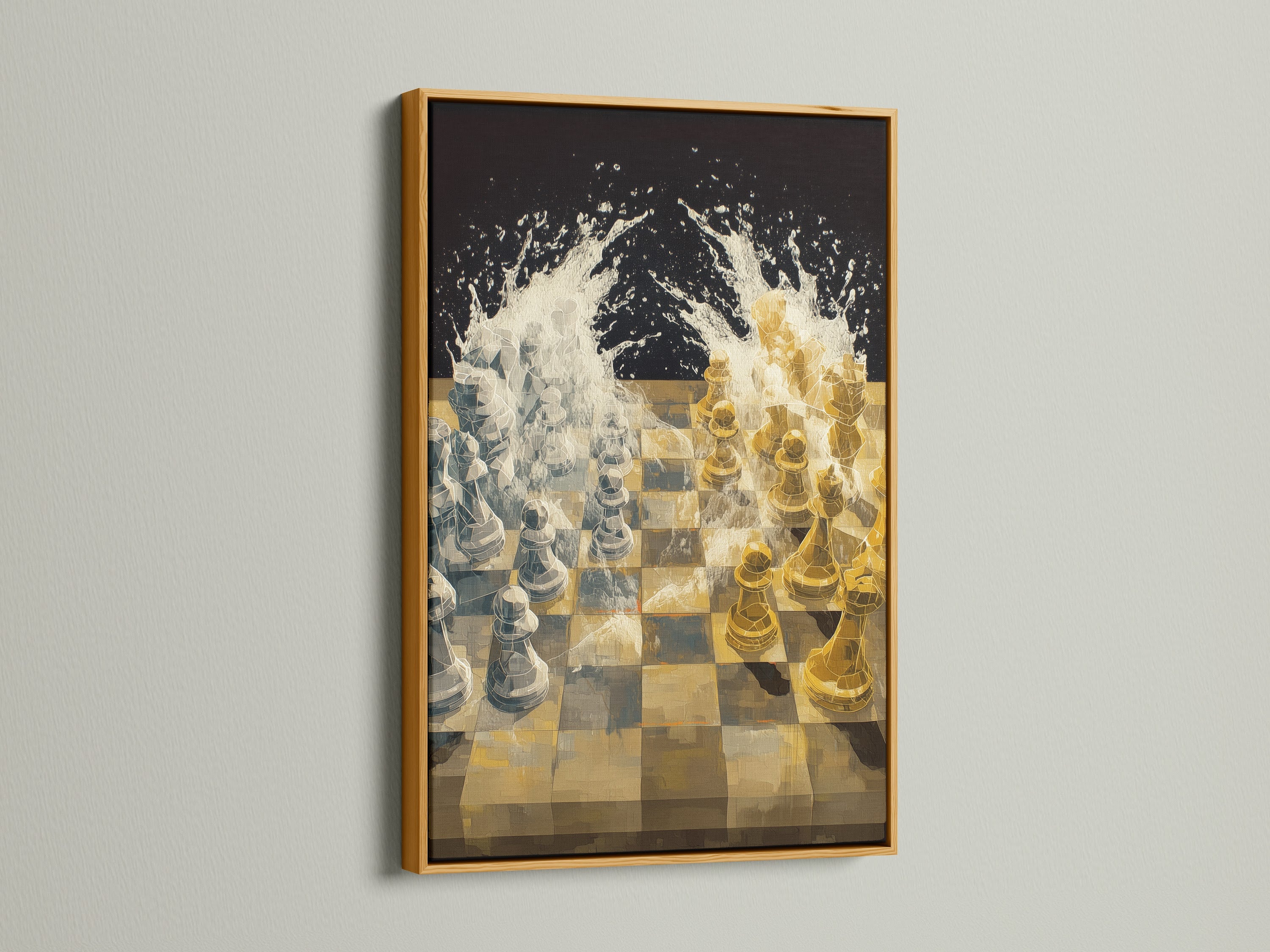 Infuse a touch of luxury with this chess game canvas print. The gold frame adds a radiant accent to the neutral tones. This modern print is perfect for lounges studies and game rooms. It complements any contemporary space.