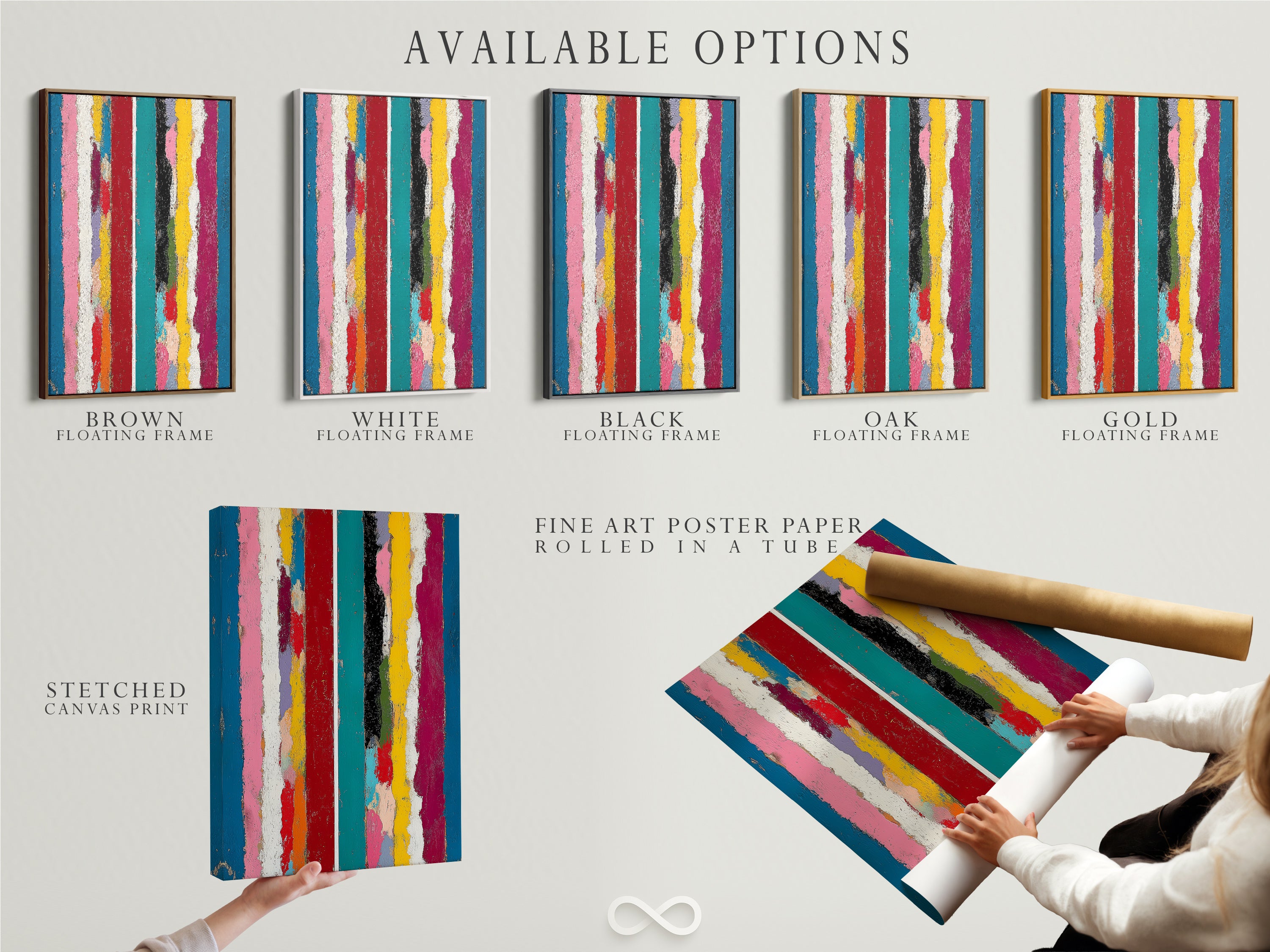 Explore available options for this abstract stripe artwork. Choose between a stretched canvas print fine art poster paper or a floating frame. Each option enhances the modern rainbow wall art making it perfect for any space.