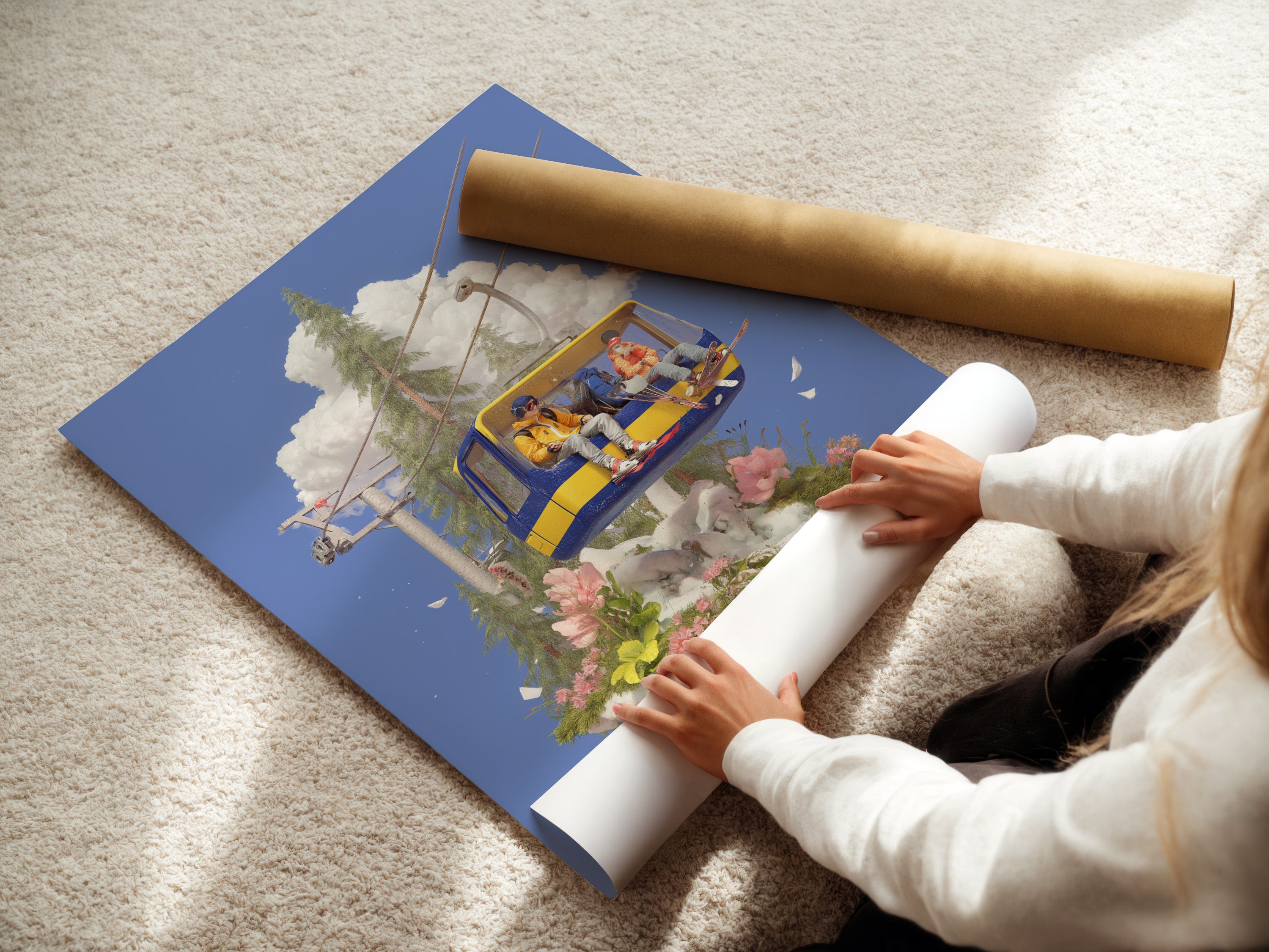 A woman is carefully rolling a fine art poster paper. This showcases the high-quality material used for our Ski Lift Adventure artwork. Ideal for creating stunning alpine wall art. Perfect for adding a whimsical touch to your kids room decor or ski lodge.