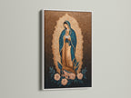 The Virgin Mary canvas art is showcased in a white frame. This religious wall art complements any Catholic home decor. The Our Lady of Guadalupe print brings a serene touch. Perfect as a sacred art gift for spiritual spaces. The framed artwork adds elegance.