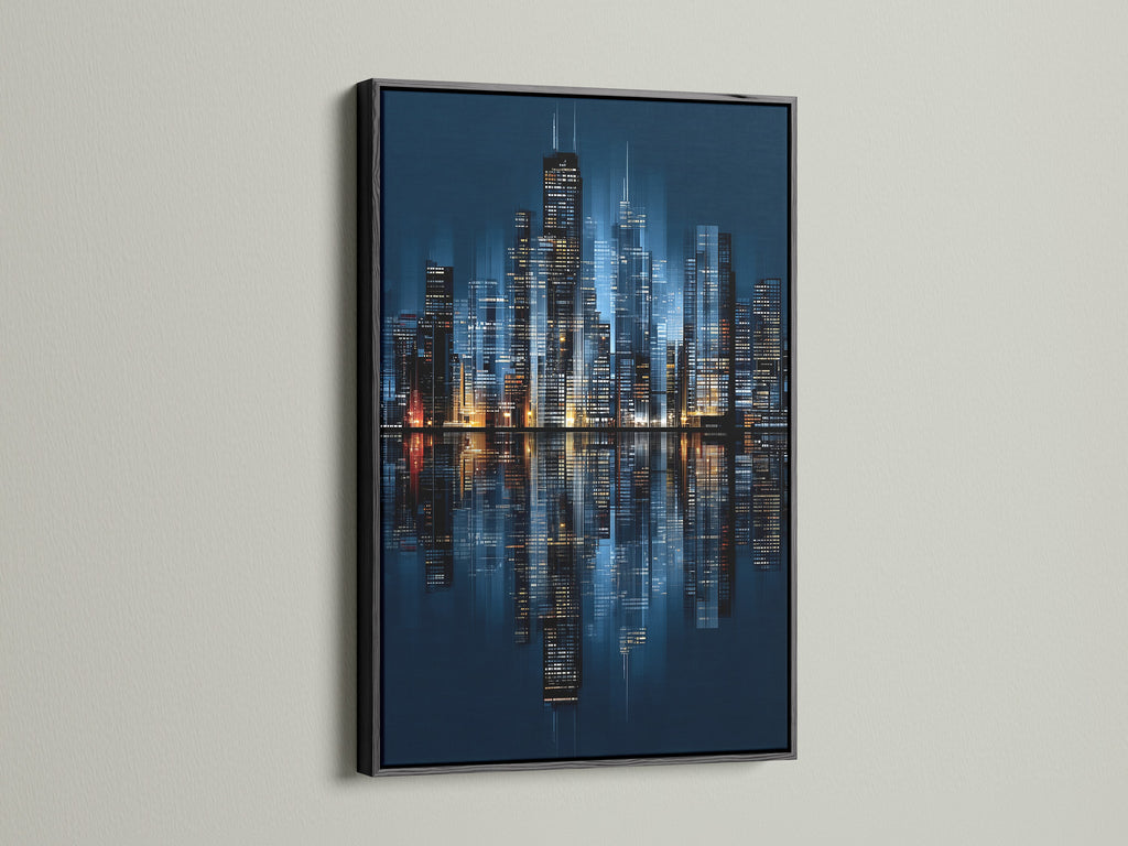 See the Chicago skyline canvas print in a sleek black frame. The frame adds a sophisticated touch to this modern city print. The artwork is perfect for office wall decor. It brings the energy of city lights to your space.