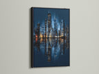 See the Chicago skyline canvas print in a sleek black frame. The frame adds a sophisticated touch to this modern city print. The artwork is perfect for office wall decor. It brings the energy of city lights to your space.