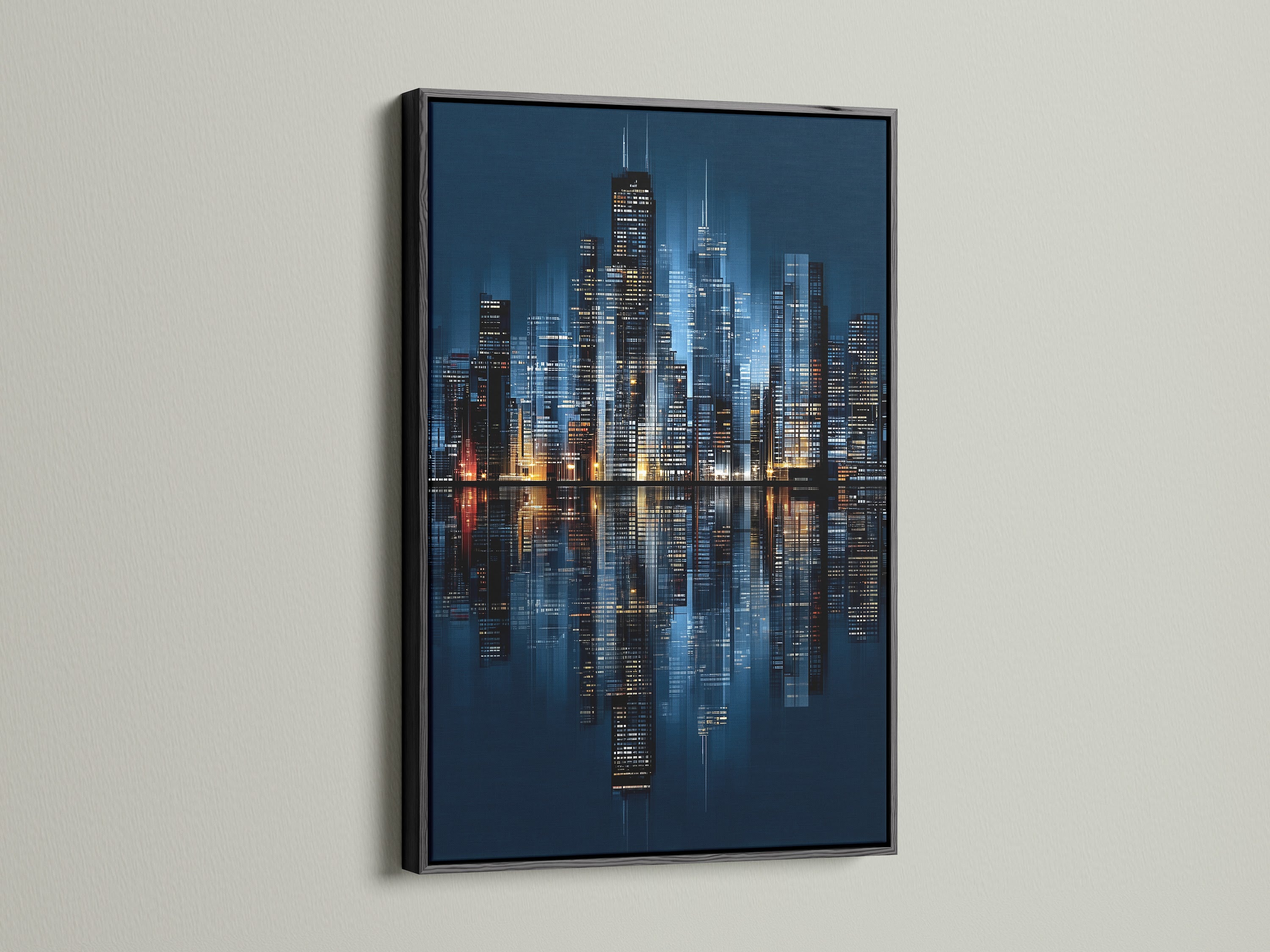 See the Chicago skyline canvas print in a sleek black frame. The frame adds a sophisticated touch to this modern city print. The artwork is perfect for office wall decor. It brings the energy of city lights to your space.