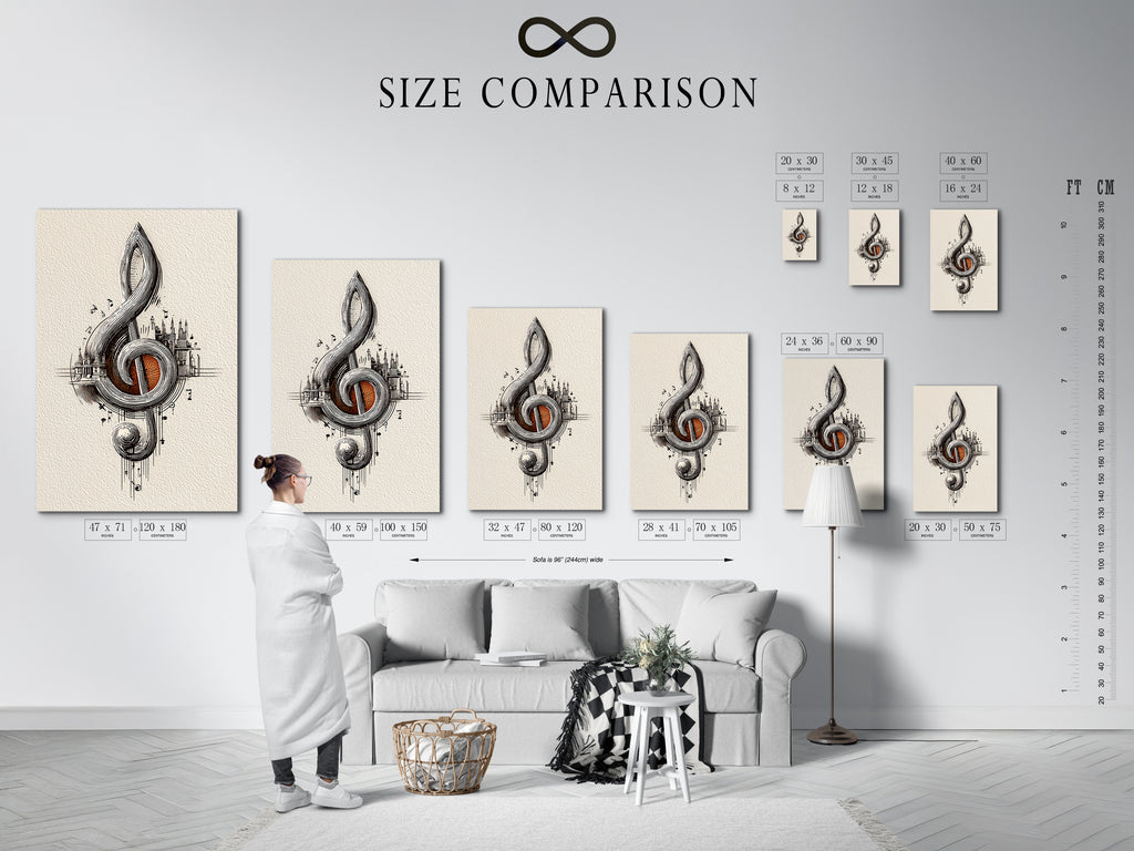 Size comparison chart in an interior setting displaying the treble clef artwork. Visualize the perfect size for your music city art. Find the ideal fit for your music themed decor. A great gift for musicians and music lovers. Plan your music studio art.