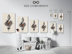 Size comparison chart in an interior setting displaying the treble clef artwork. Visualize the perfect size for your music city art. Find the ideal fit for your music themed decor. A great gift for musicians and music lovers. Plan your music studio art.