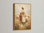 A radiant gold frame highlights this fine art print. The artwork features Jesus with children and sheep. The gold frame adds a touch of luxury and warmth. This artwork will elevate your interior. It is a stunning and eye-catching addition to any room.