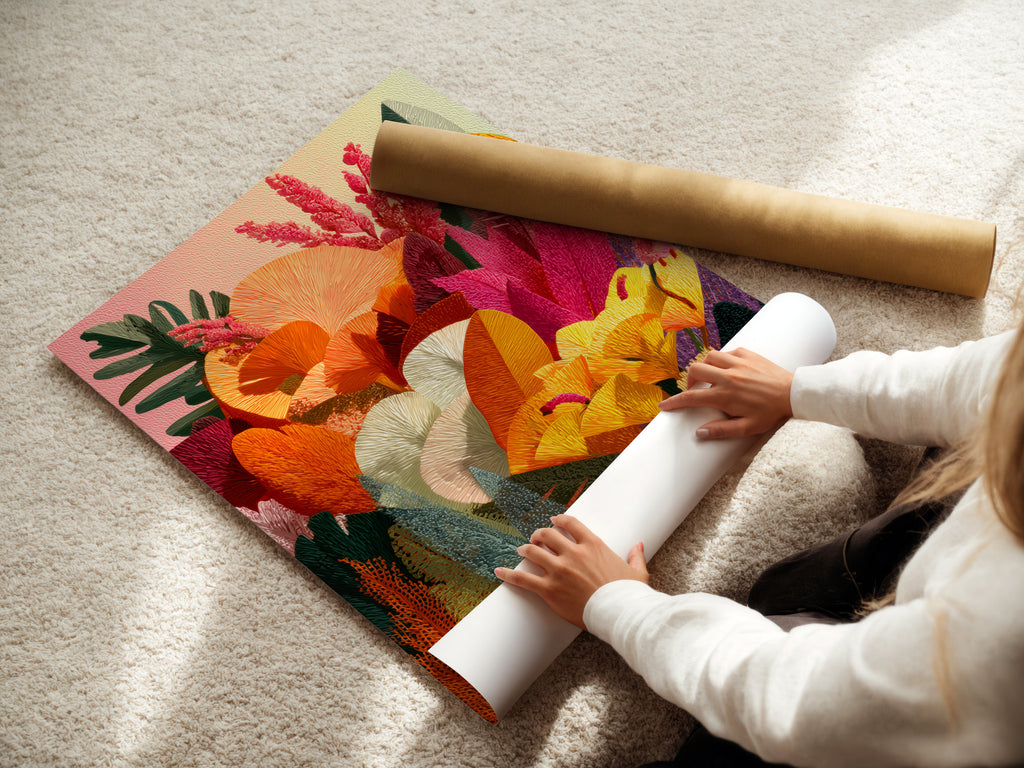A woman carefully rolls a fine art poster paper. The poster paper features a colorful floral artwork. The woman's delicate handling ensures the artwork's quality is preserved. This high-quality poster paper can be framed or displayed as is. A great art piece.