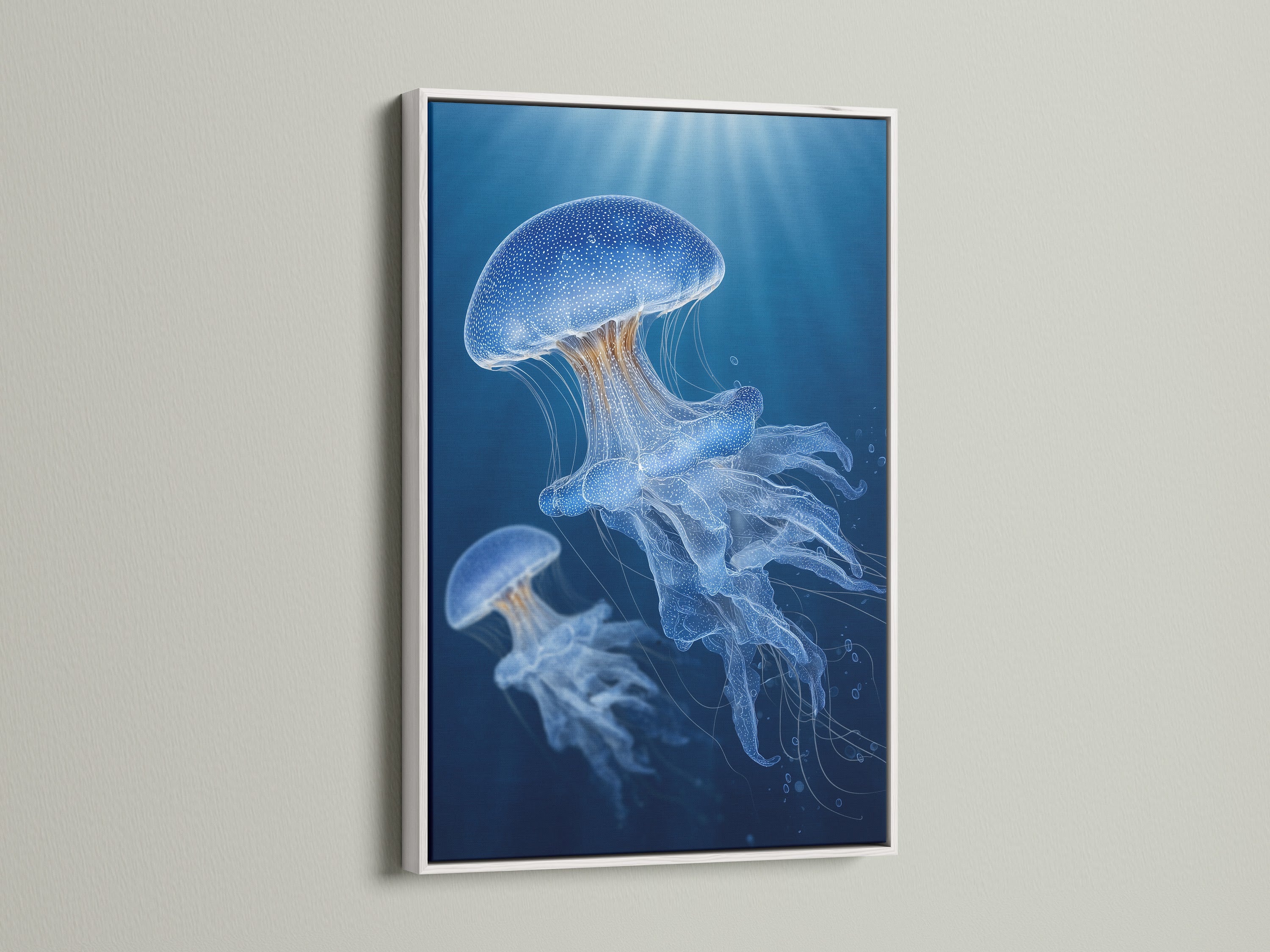 Jellyfish art print displayed in a clean white frame. The frame offers a modern and minimalist look. This artwork is mounted on a bright white wall. The white frame enhances the artwork and complements any interior. It provides a gallery-like feel.
