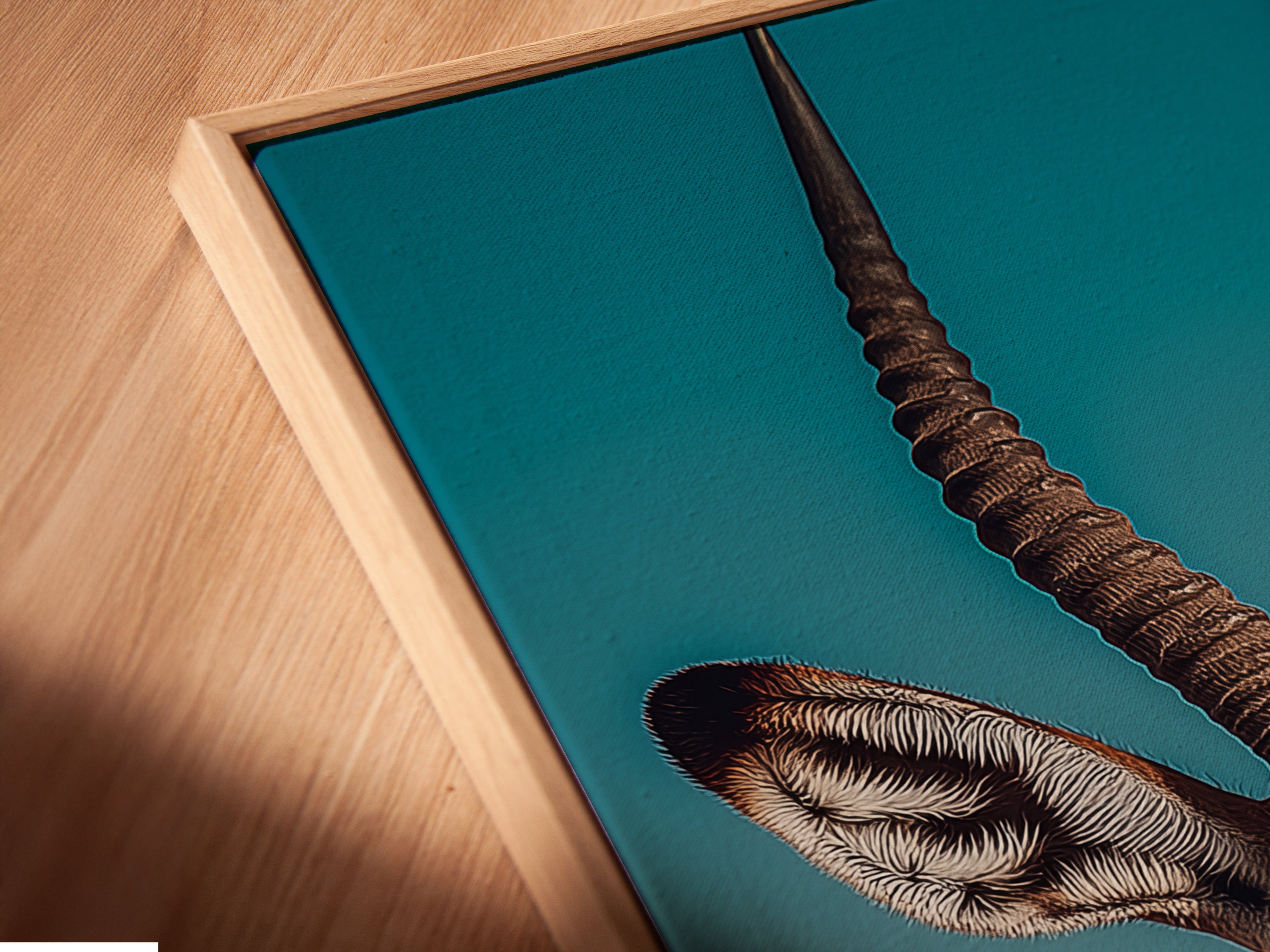 Experience an angled close up of a canvas print in a floating frame. This frame creates a modern gallery look. The canvas appears to float within the frame. This enhances depth and visual appeal. Add sophistication to your walls today. View the craftsmanship and detail.