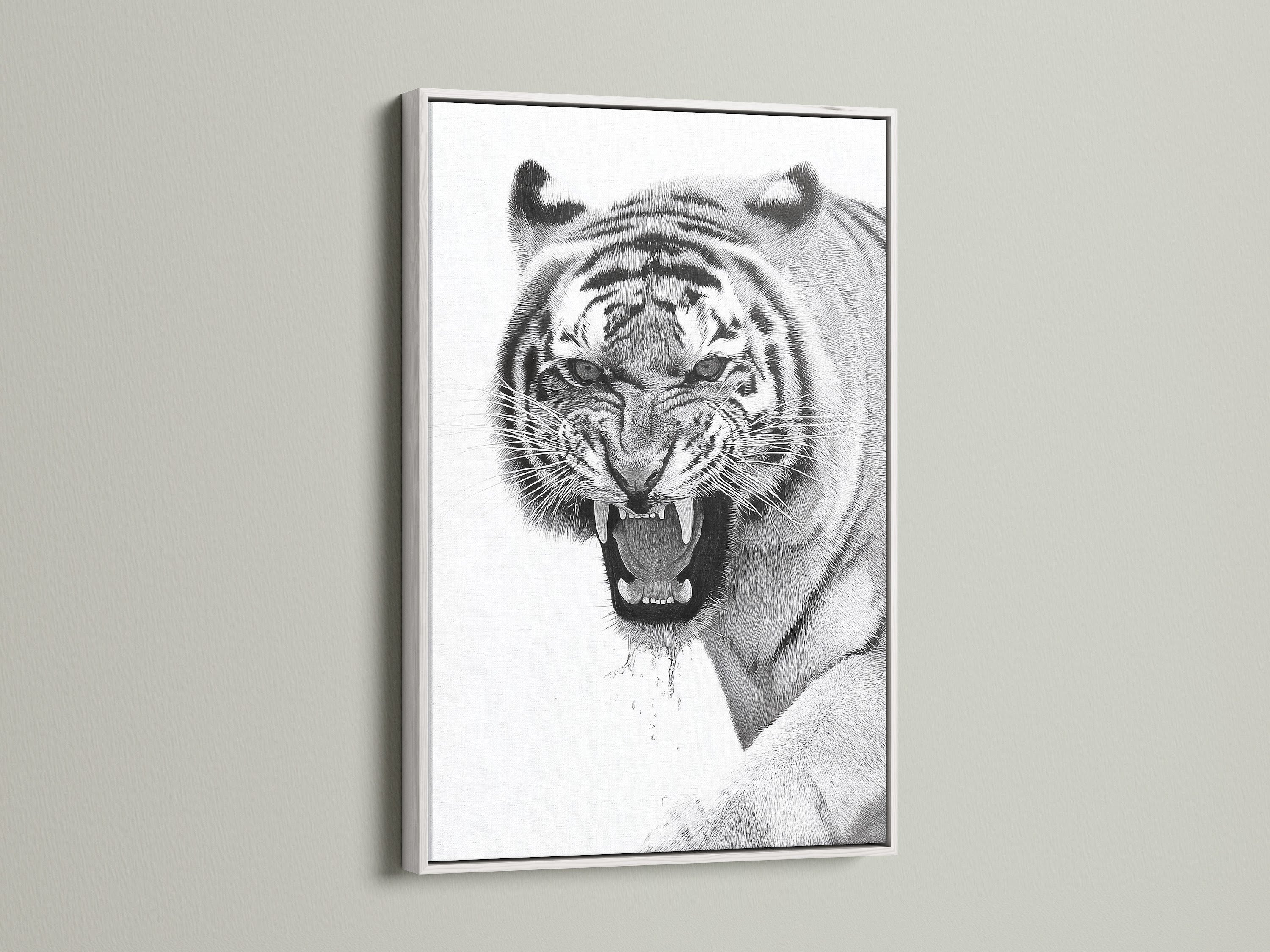 The artwork features a captivating tiger in a clean white frame. The white frame offers a modern aesthetic. The art will brighten any room. This piece adds a touch of elegance to your home. The contrast of the white frame makes the artwork pop.