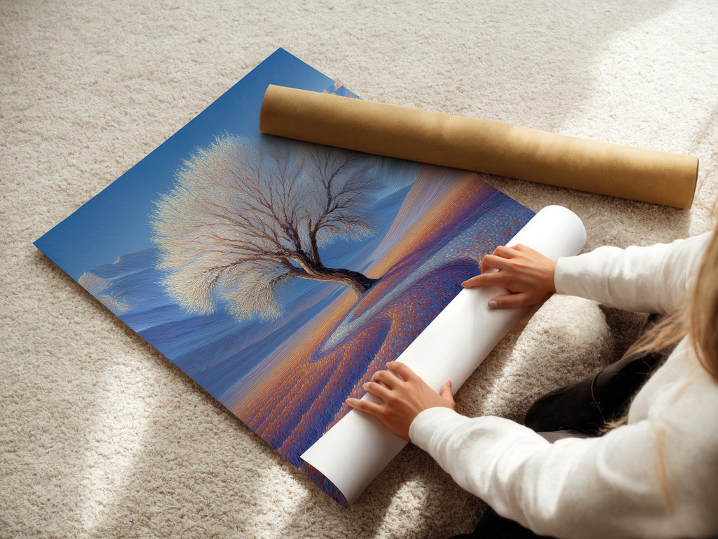 A woman is carefully rolling fine art poster paper. She is ensuring it remains pristine. We use high-quality materials for our prints. Posters are shipped with care. Order your fine art prints today.