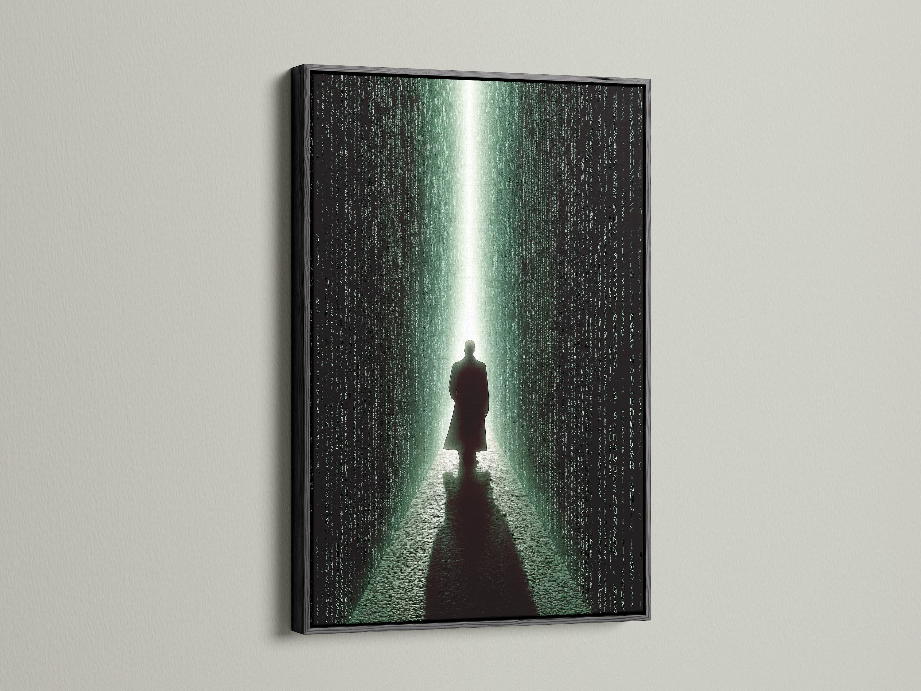 A black frame elegantly displays a captivating art print. The artwork features a figure walking into a digital corridor. The sleek black frame adds a touch of sophistication. Enhance your space with a classic black framed art print today.