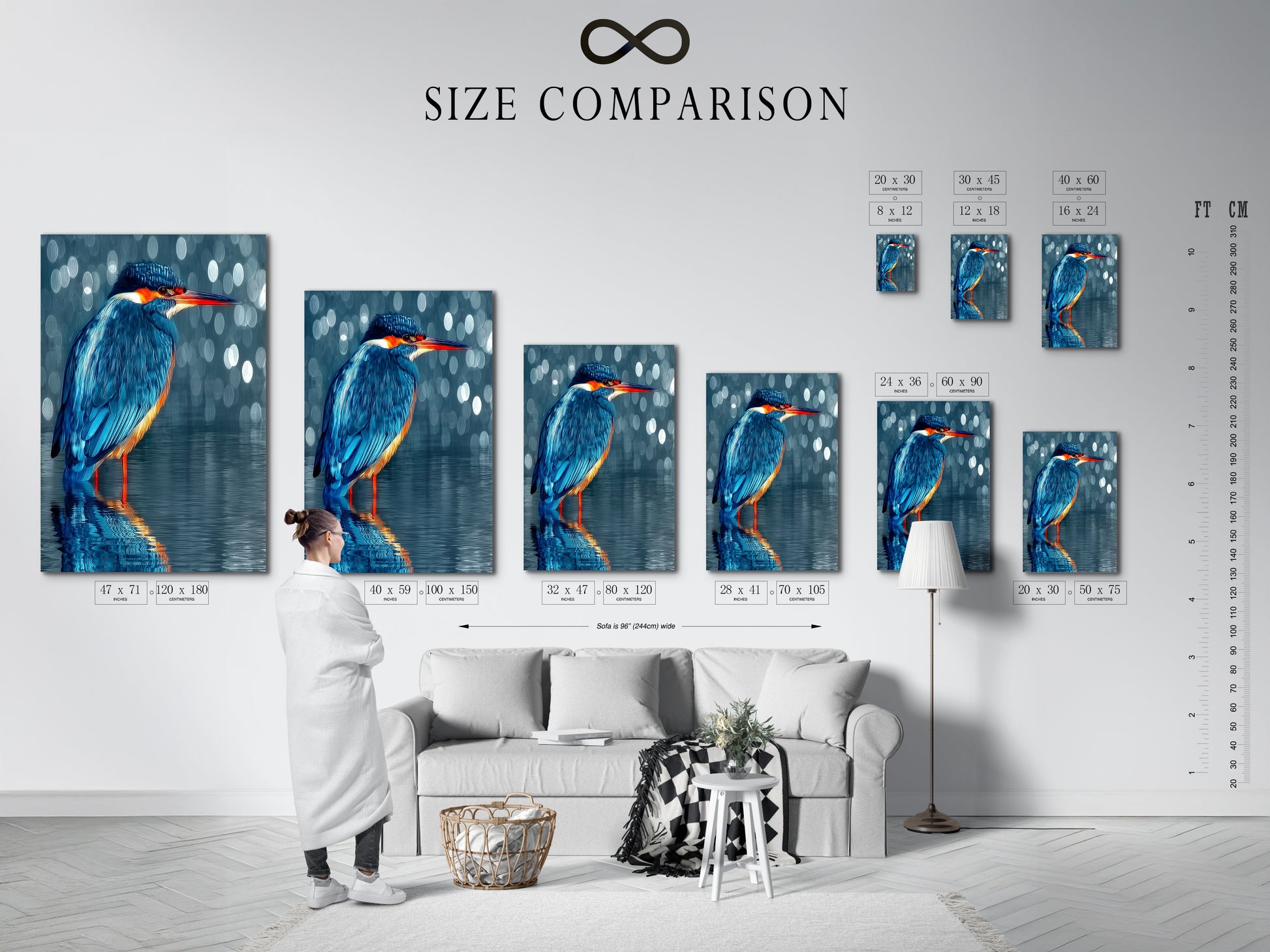 A size comparison chart is displayed in an interior setting. The kingfisher artwork is shown in various sizes. This helps visualize the perfect fit for your wall. Find the ideal scale for your space
