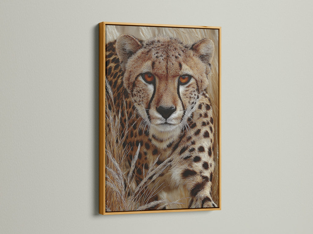 A regal gold frame showcases the cheetah artwork. This adds a luxurious touch to the wildlife wall art. The frame enhances the beauty of the African safari art. It is perfect for creating a focal point in any room.