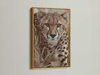 A regal gold frame showcases the cheetah artwork. This adds a luxurious touch to the wildlife wall art. The frame enhances the beauty of the African safari art. It is perfect for creating a focal point in any room.