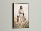 Artwork of Jesus Christ walking with two children is showcased in a sleek black frame. The black frame adds a touch of sophistication. It makes the artwork pop. Ideal for contemporary spaces. Explore the elegance of black framing.