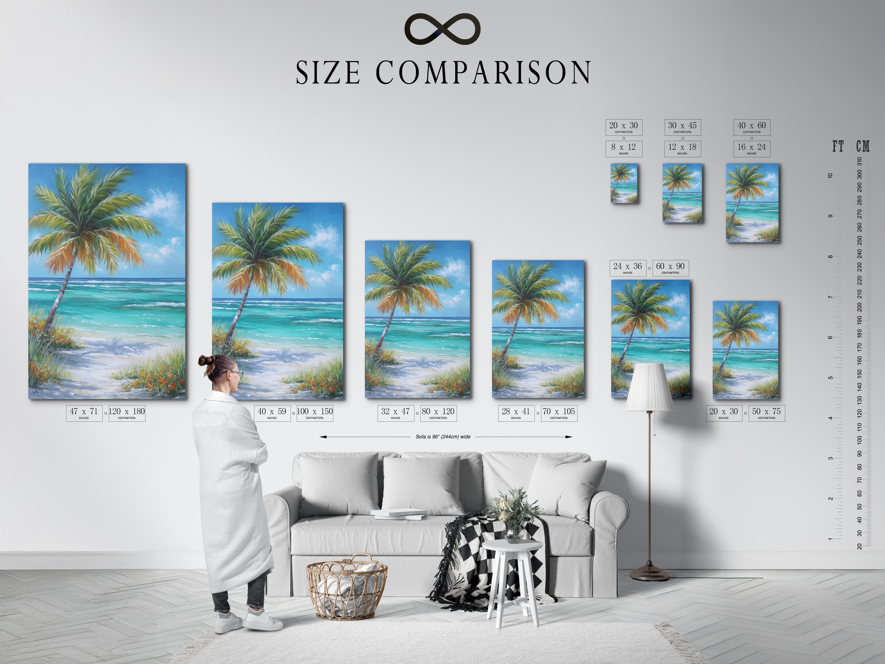Size comparison chart for tropical beach artwork in an interior setting. Palm tree coastal wall art with turquoise ocean painting provides soothing coastal vibes. Choose the perfect size for your space. Available in stretched canvas and fine art paper.