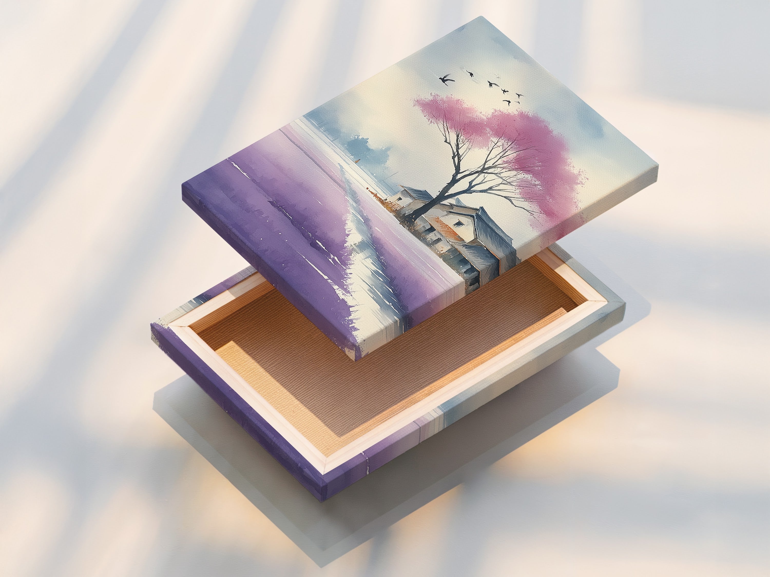 A stretched canvas print of a Cherry Blossom Asian Landscape artwork. The artwork is a watercolor style art print. This beautiful canvas print adds Zen to your space. This art complements minimalist decor.