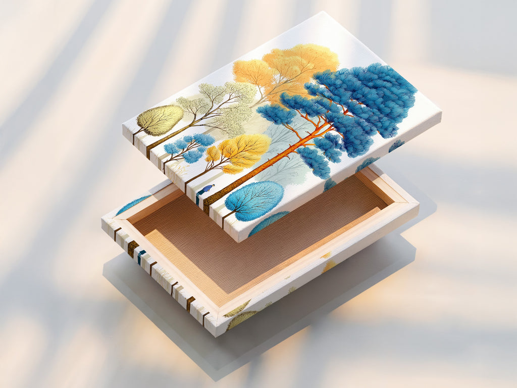 A stretched canvas print of a colorful forest artwork. The modern woodland art creates a vibrant focal point. The abstract tree artwork is perfect for any room. Add a touch of nature to your home or office with this stunning canvas print.