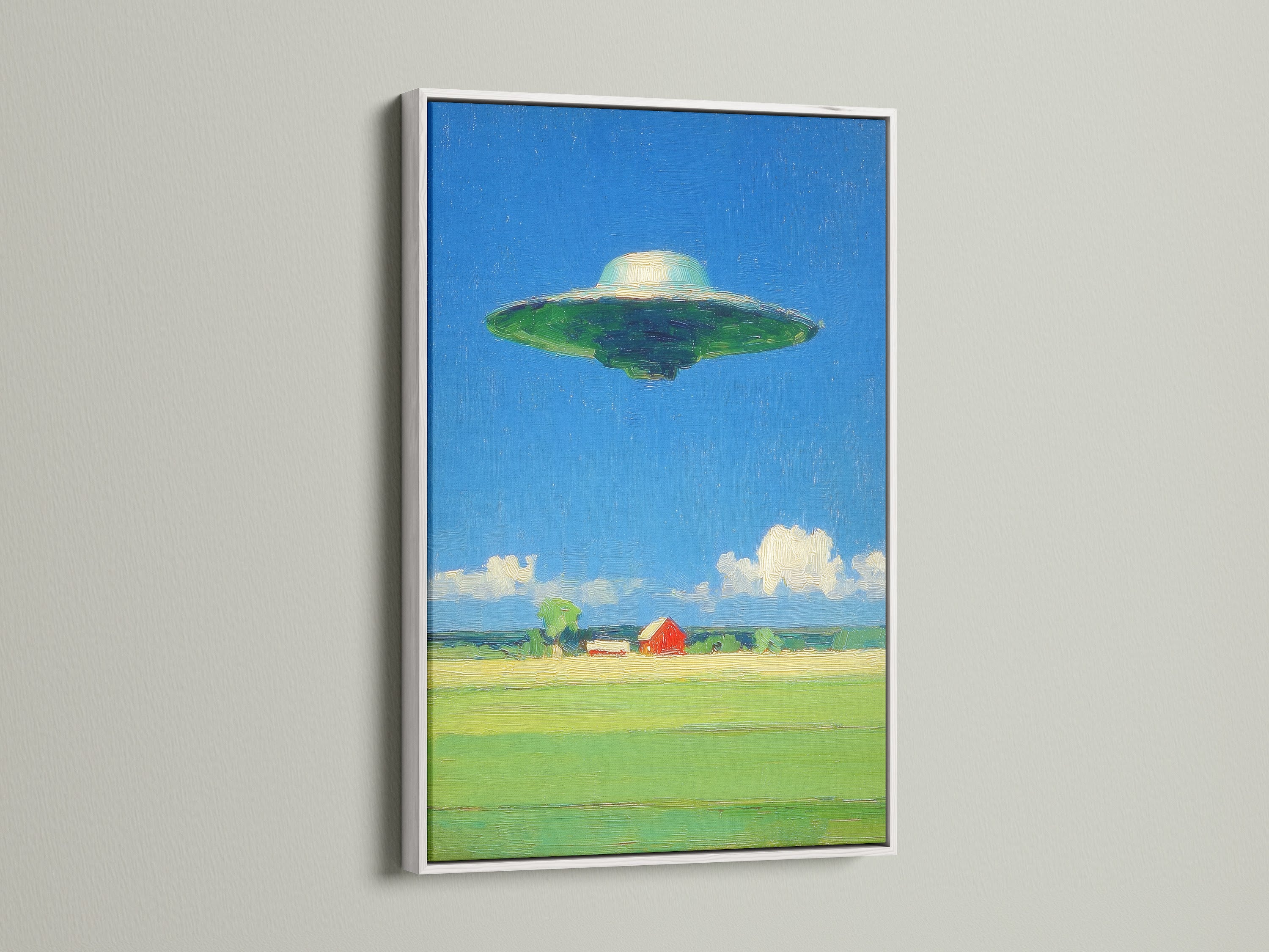 A white frame highlights this UFO artwork beautifully. The artwork features a green UFO hovering over a surreal landscape. This is perfect as office wall art or home decor. The white frame provides a clean modern look. It is ideal for sci-fi decor enthusiasts.