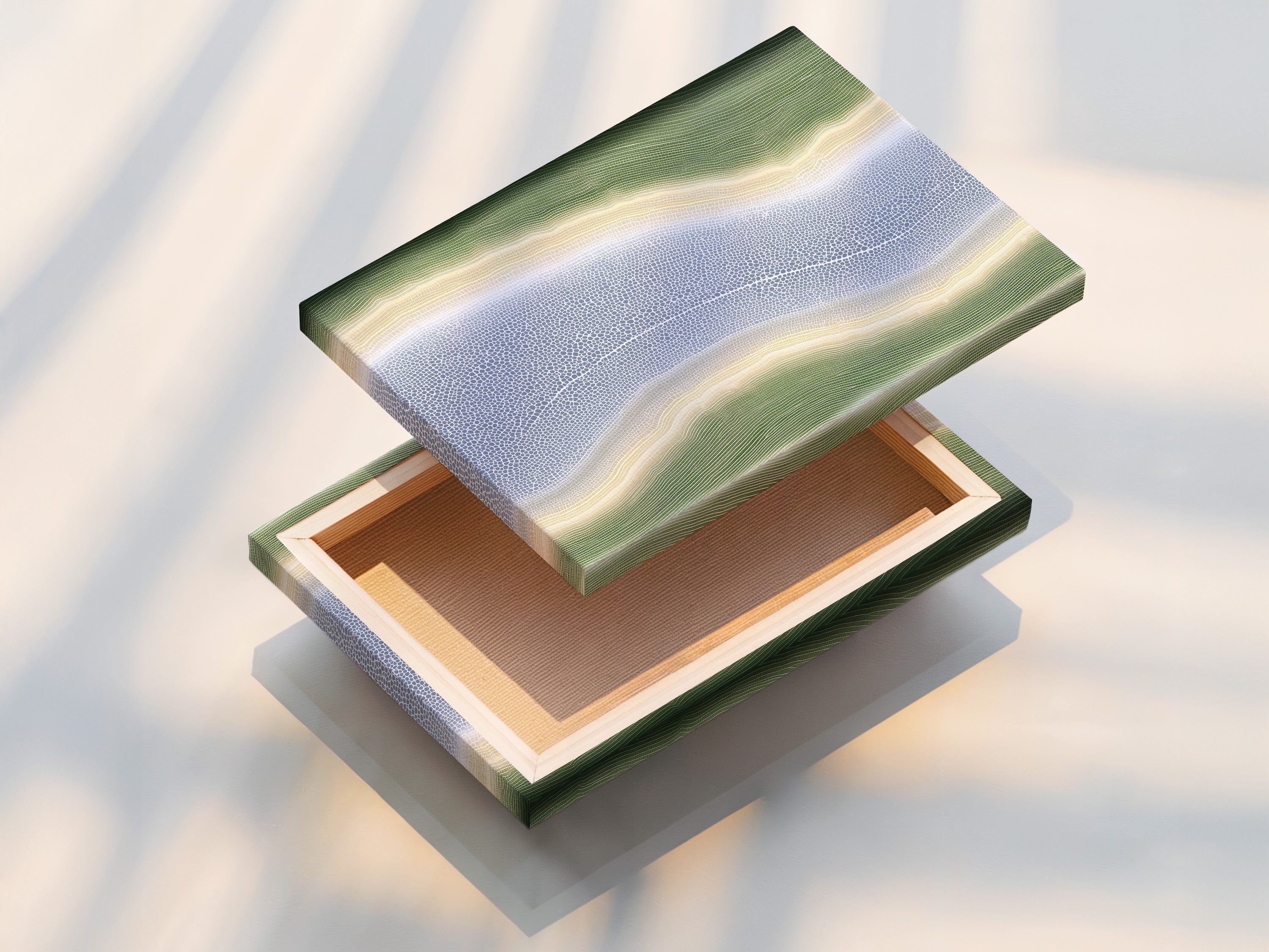 Close up of a stretched canvas print. The abstract river artwork shows textured details. The stretched canvas offers a gallery ready look. Perfect for living rooms bedrooms and offices.