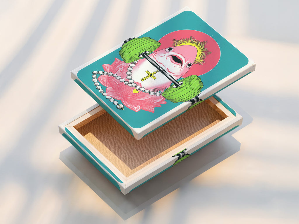 Stretched canvas print of a surreal flamingo artwork. This fitness animal canvas print is ideal for home gym decor. Great for adding humor to living rooms bedrooms and offices. The style is contemporary and eccentric.