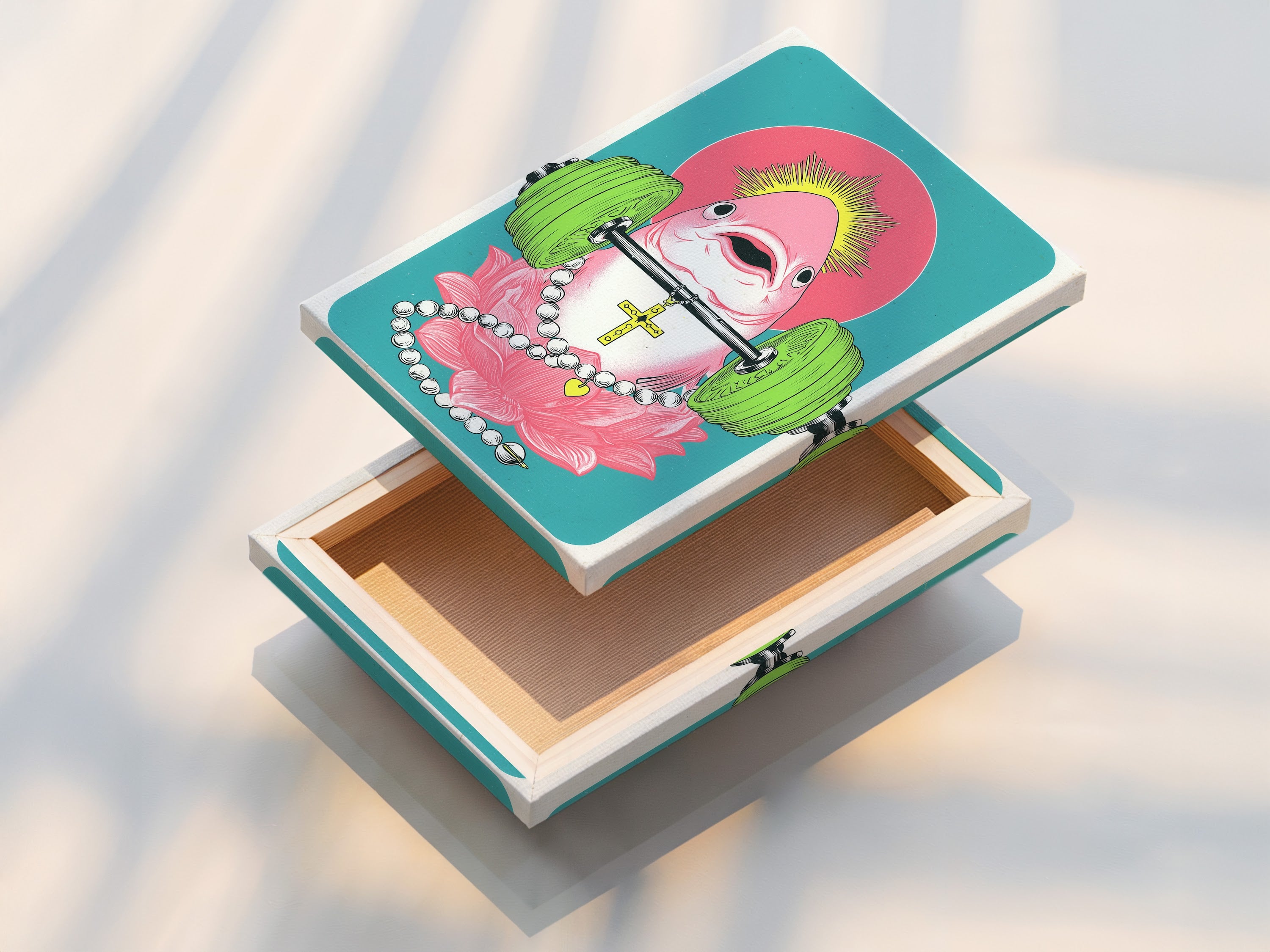 Stretched canvas print of a surreal flamingo artwork. This fitness animal canvas print is ideal for home gym decor. Great for adding humor to living rooms bedrooms and offices. The style is contemporary and eccentric.