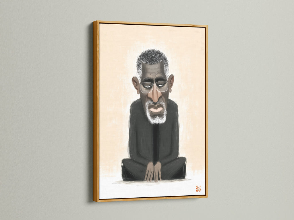 A gold frame elevates a caricature art print. The portrait of a black man is striking. This modern artwork suits various settings. It is great as office wall art or simple wall art.
