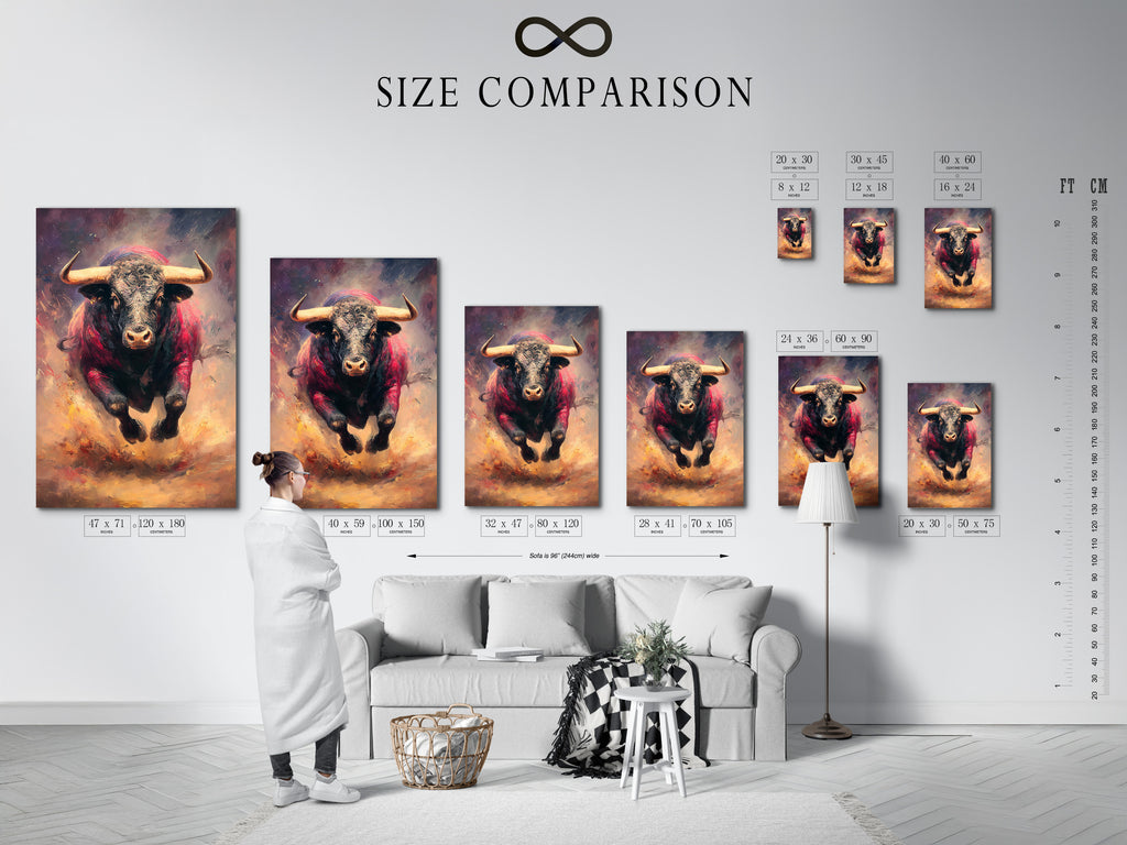 A size comparison chart displayed in a home interior. It helps visualize artwork dimensions in a room. The chart assists in choosing the perfect size artwork. Use our chart to find the right size for your space.
