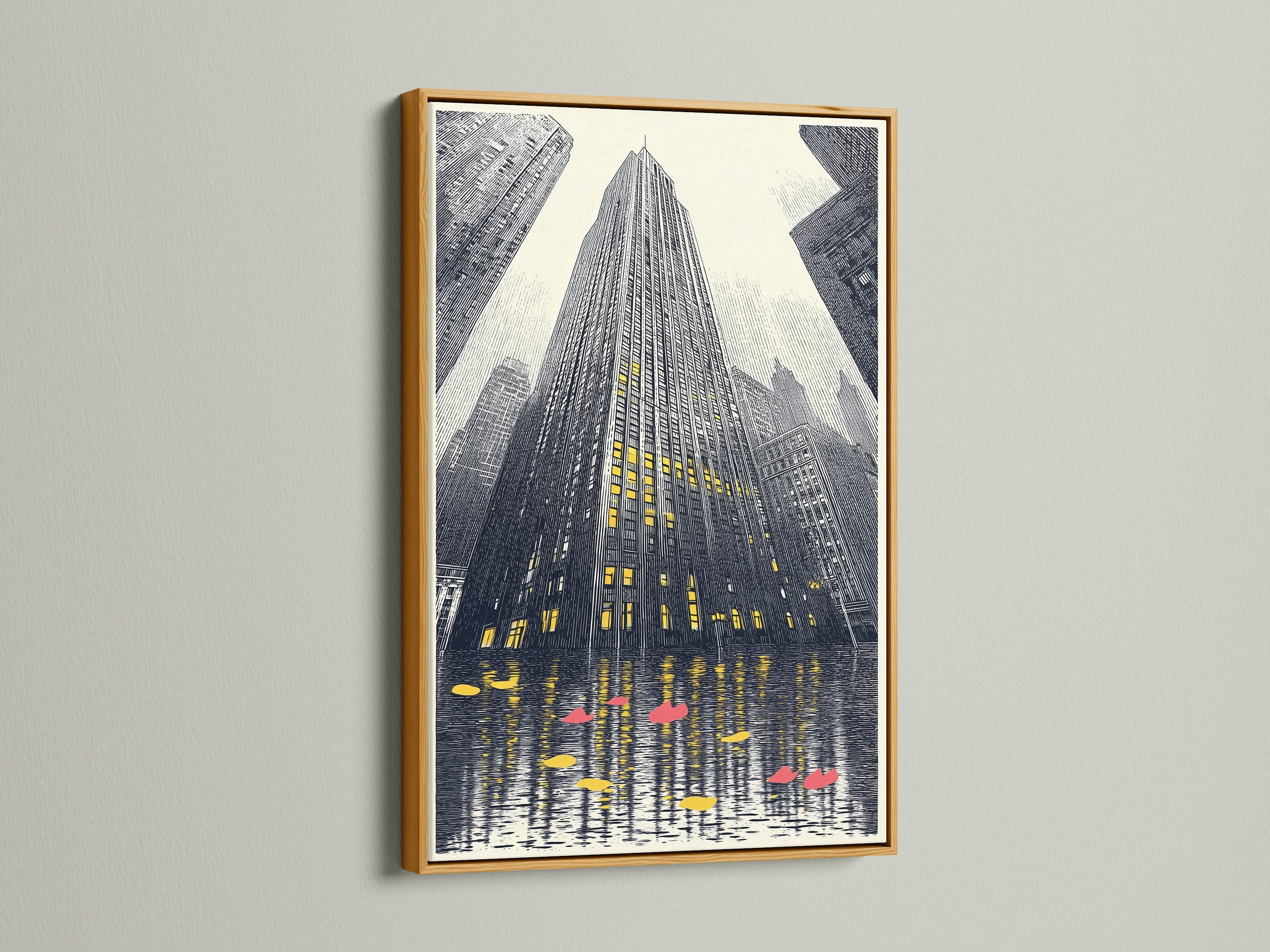 A cityscape artwork is elegantly showcased in a gold frame. The skyscraper wall art brings a touch of luxury. This modern architectural piece is perfect for elevating your home or office decor. Suits minimalist Scandinavian or eclectic styles.