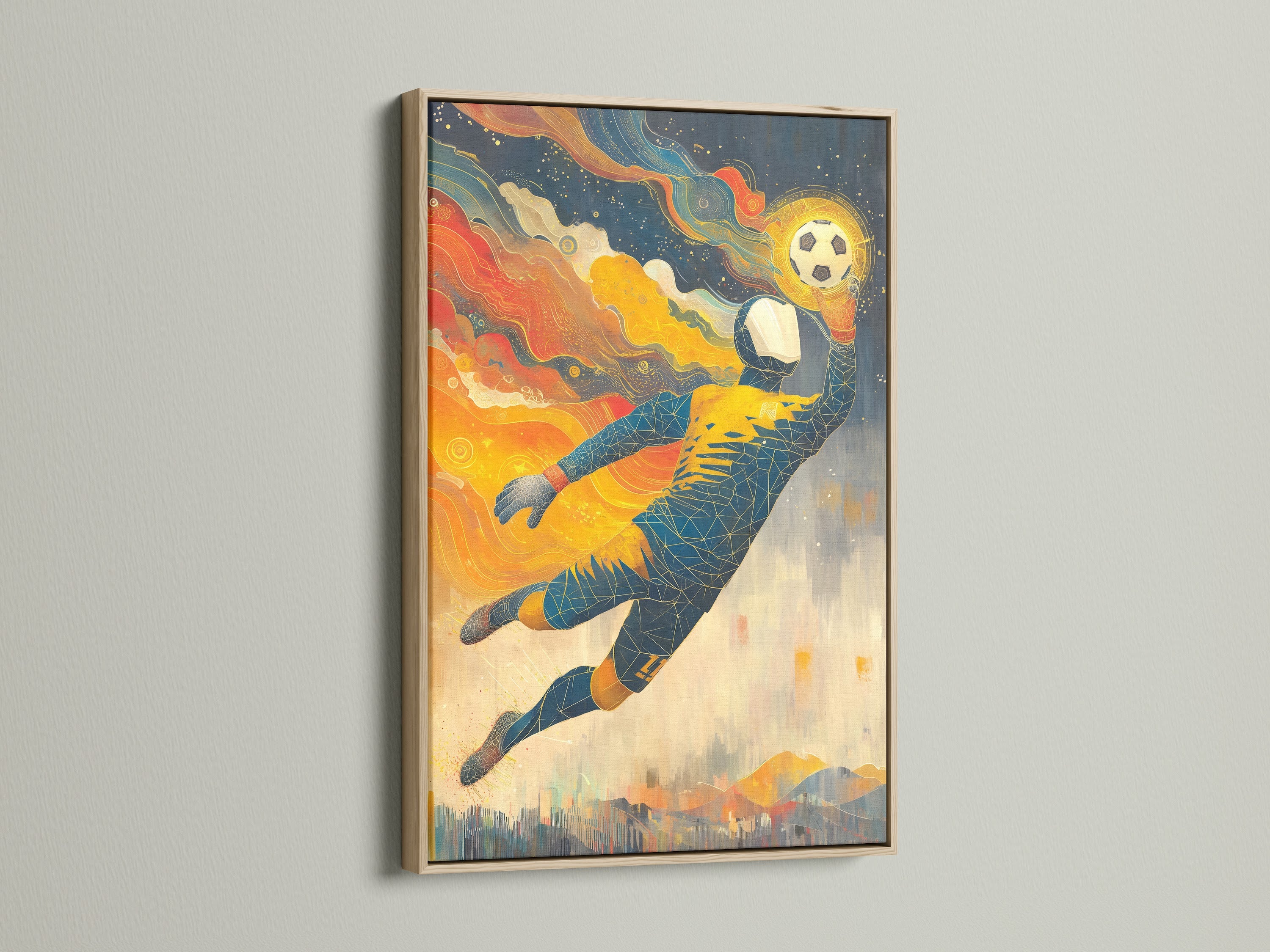 Check out this soccer goalkeeper artwork in an oak frame. This sports wall decor brings energy to your space. The football player poster is ideal for a boys room. This athletic artwork is a great addition to teen room decor or a sports-themed space.